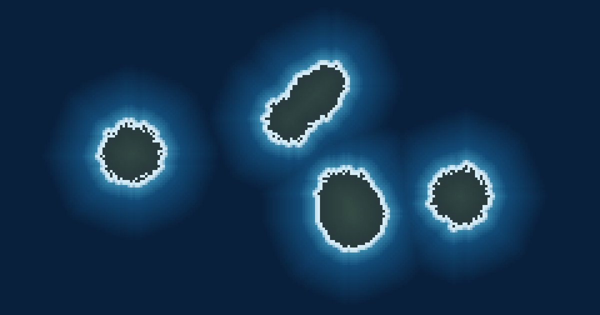 Islands ringed by foam over a distance-field gradient