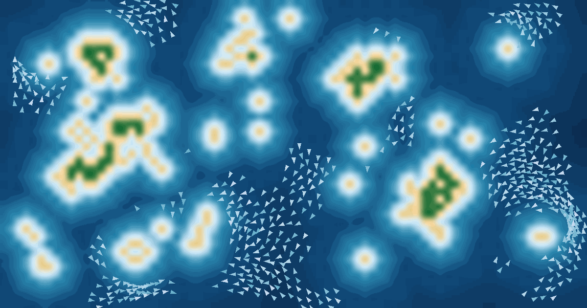 An island map generated by wave function collapse, ringed by a shore distance field, with a school of fish swimming in the surrounding water
