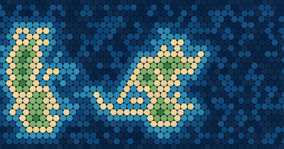 A hex grid island map generated by wave function collapse
